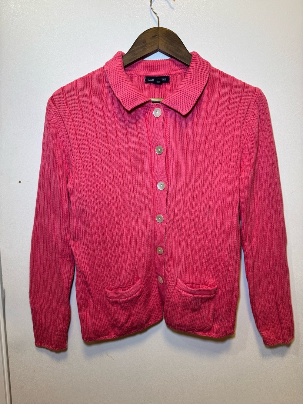 Lands' End Pink Ribbed Button-Up Sweater Cardigan Vintage 100% Cotton Size XS